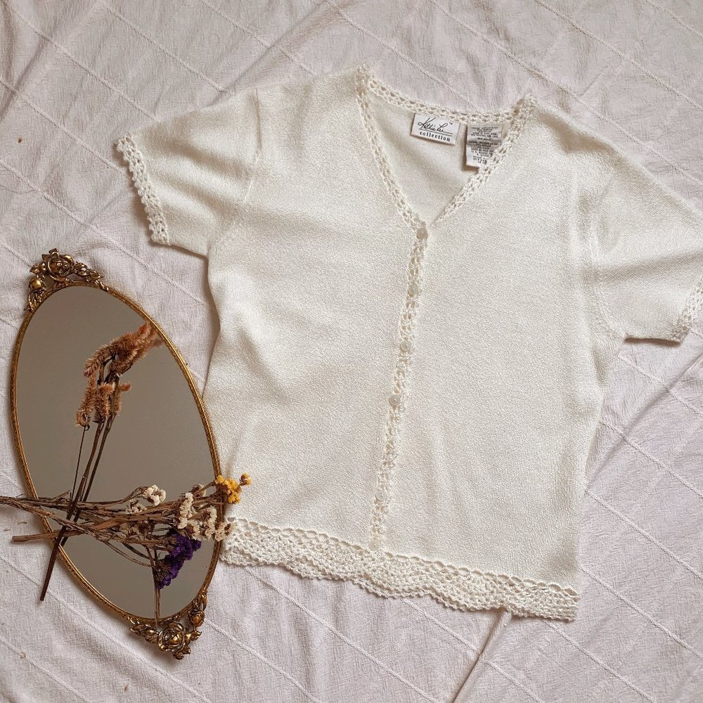 Vintage Ivory Button Up Top with Lace Deta…